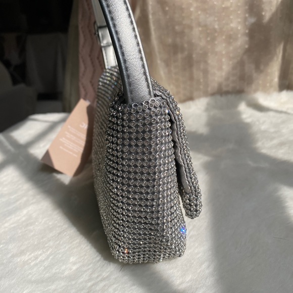 NWT Rhinestone Mesh Shoulder Bag | Silver Metallic Buckle Strap Purse - Picture 11 of 16